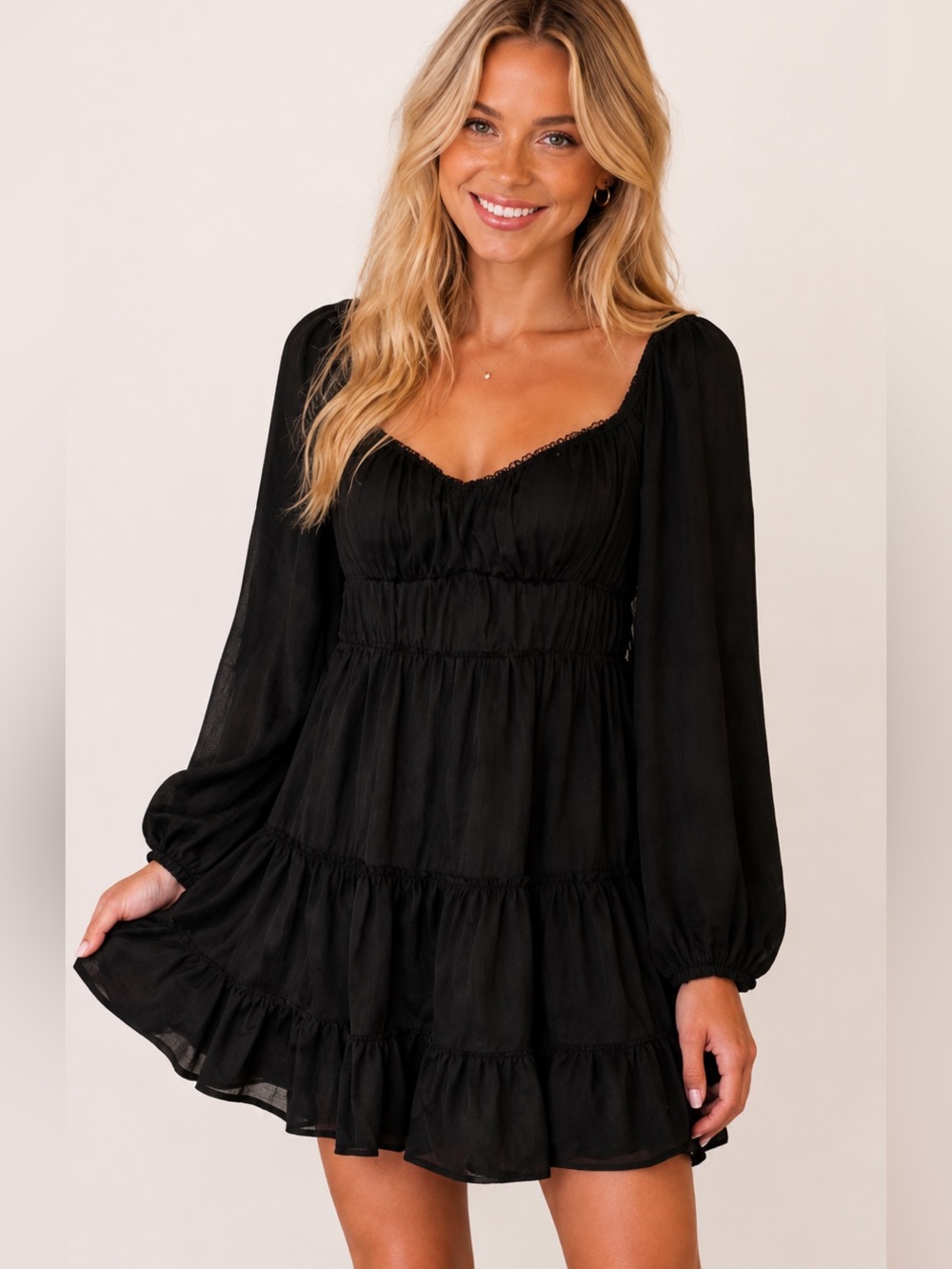 Altar'd State Gigi Tiered Babydoll Mini Dress Black Medium Puff Sleeve Boho